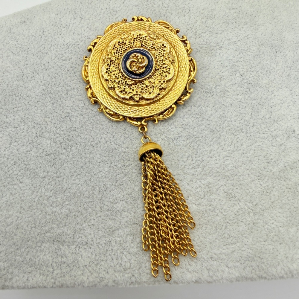 ART Co Vintage Tassel Brooch Pendant Gold Tone Enamel Victorian Revival 1294